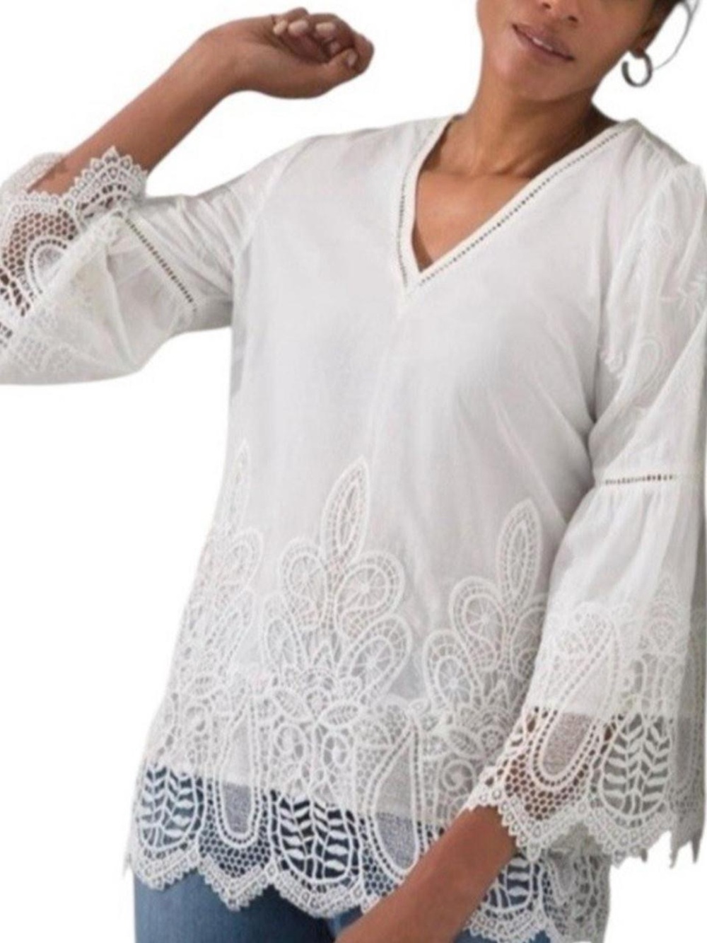 Chico's White Crochet Lace V-Neck Tunic